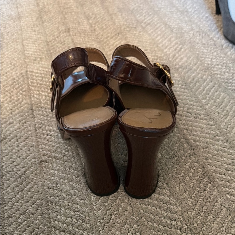 Women's Brown Patent Slingback Heels with Buckle - Picture 2 of 6
